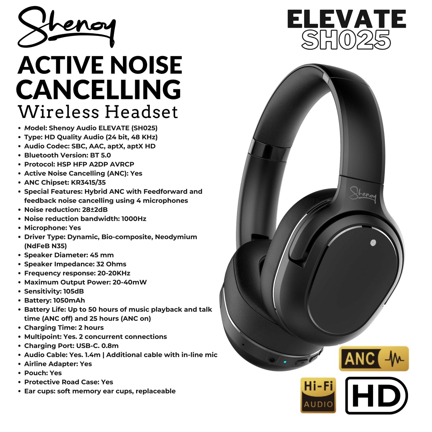 SH025 ELEVATE: Premium HD Quality Wireless Active Noise Cancelling Headphones