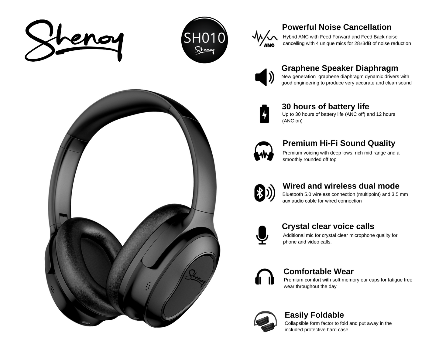 SH010: Premium Hi-Fi Quality Wireless Active Noise Cancelling Headphones